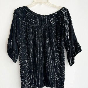 Vintage Frank Usher Black All Over Sequin Sparkly Half Sleeve Top S